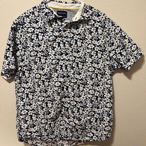 Denim & Flower Cotton Button Down Short Sleeve Floral slim fit Shirt XL